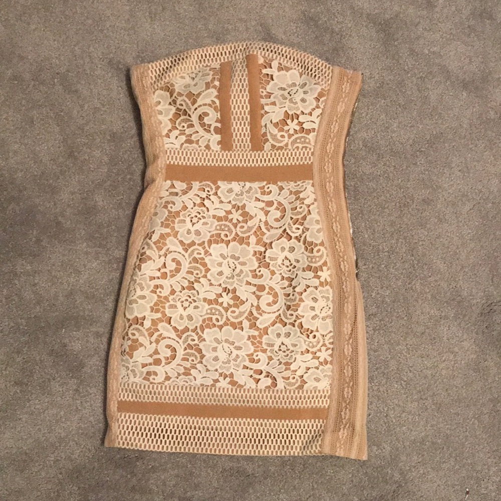 Strapless dress size small in tan and white